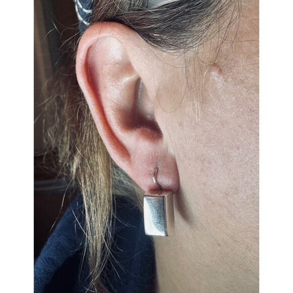 Estate Sterling Silver 925 Rectangular Drop Dangle Earrings, Modernist Design - Picture 4 of 7